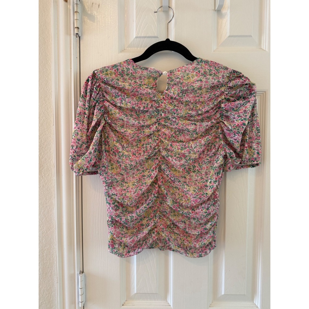 MNG Mango Floral Ruched Puff Sleeve Top Pink Cottagecore Coquette M - Picture 7 of 7